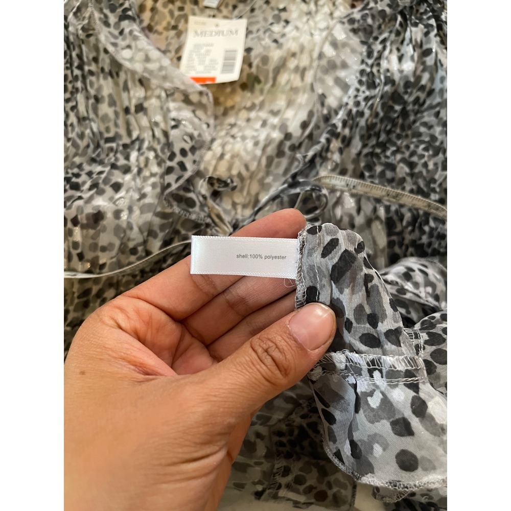 NWT Y2k Womens Grey Black Animal Print Plisse Tie Front Ruffle Cardigan M - Picture 4 of 7
